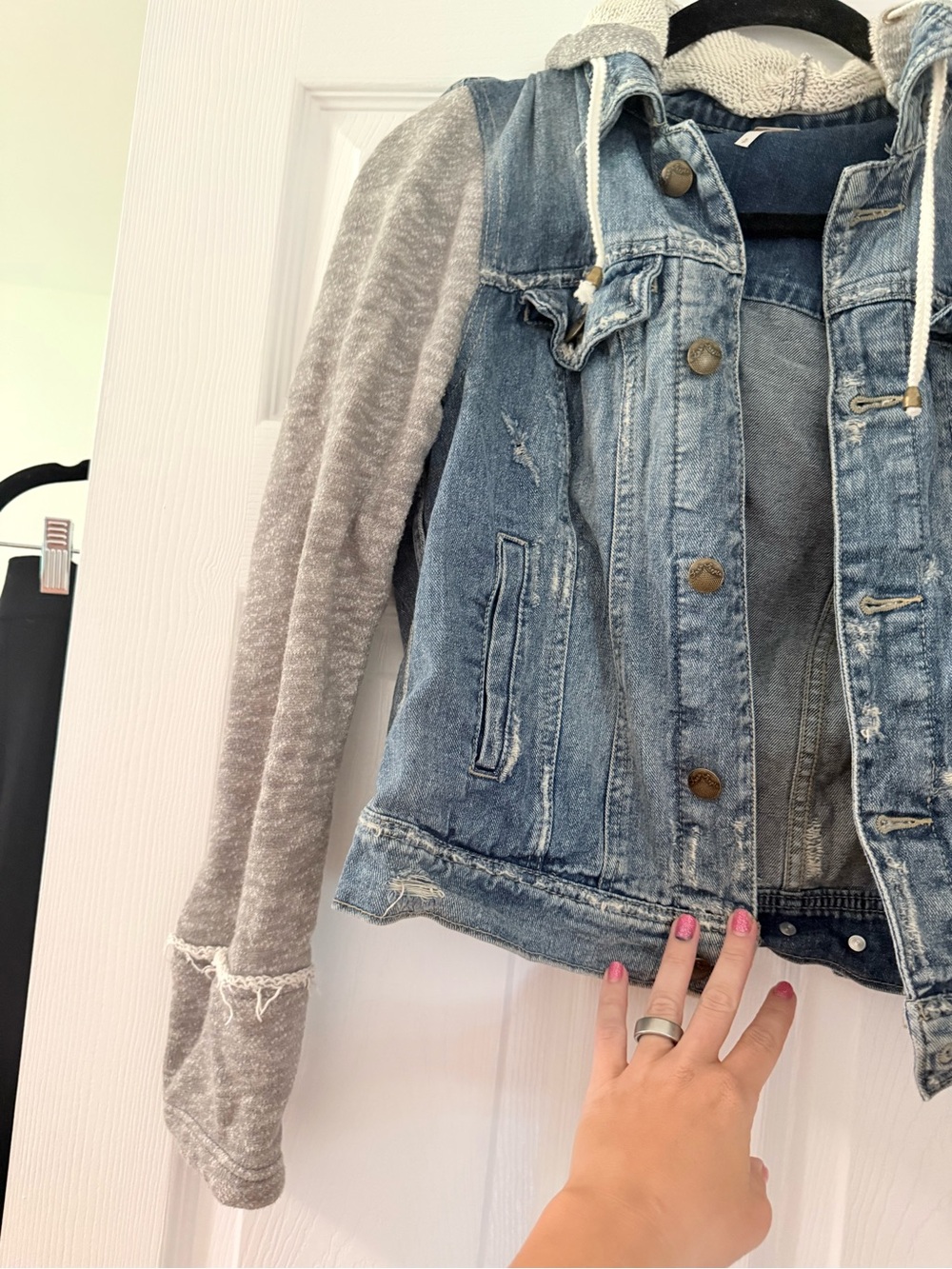 Free People Knit Hooded Denim Jacket with Blue Grey Sleeves - Small - Picture 5 of 11